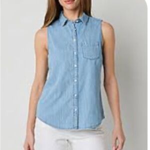 St. John's Bay Blue Sleeveless Fitted Button Down Tip Size XL EUC